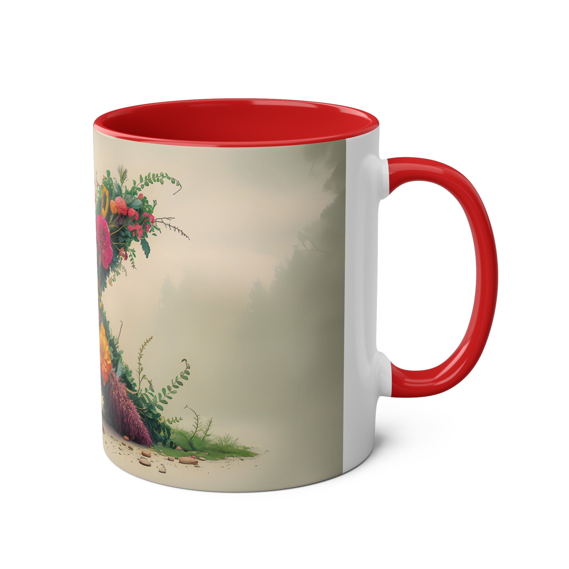 Floral Fantasy Two-Tone Ceramic Mug with Letter X Red-03