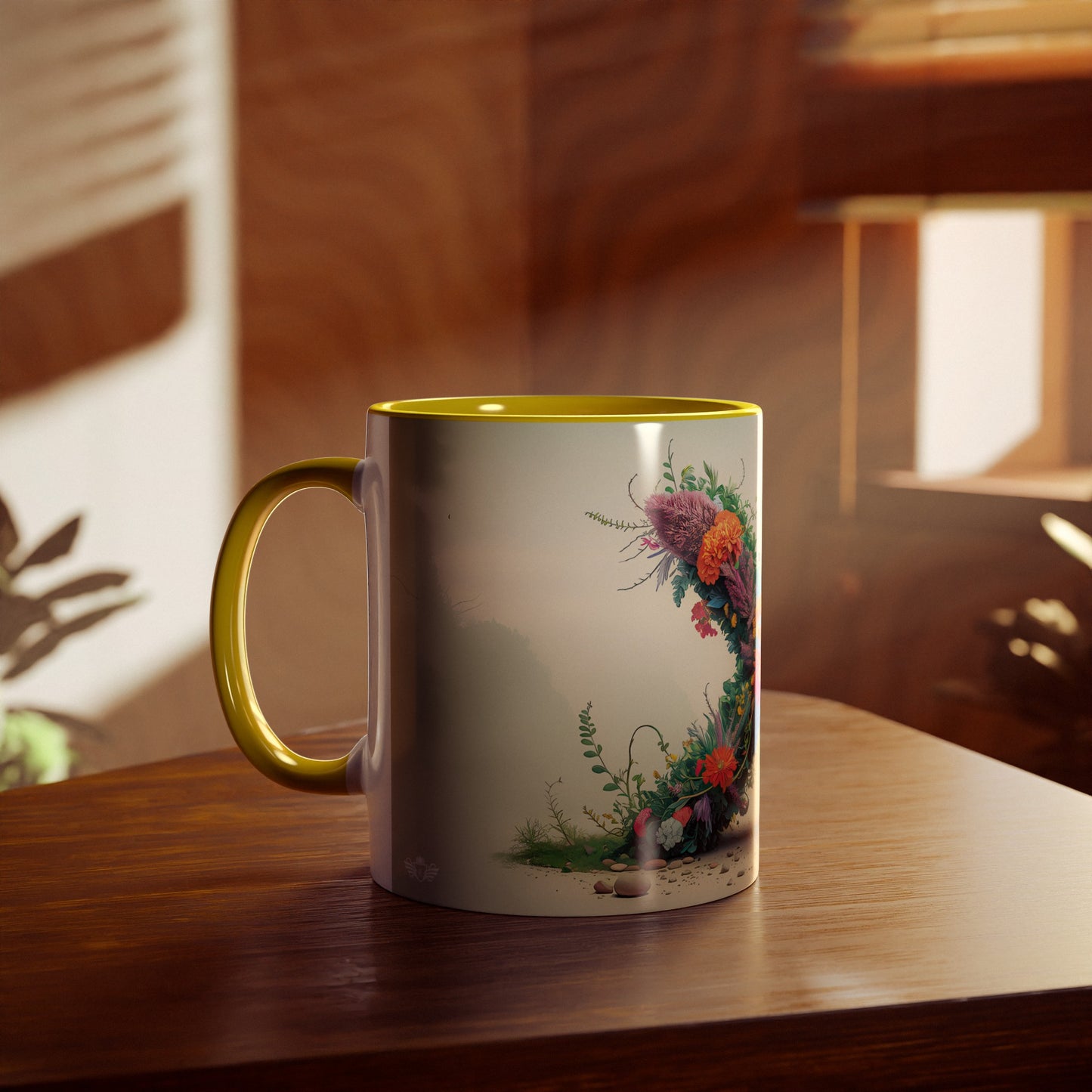 Floral Fantasy Two-Tone Ceramic Mug with Letter X Yellow-04