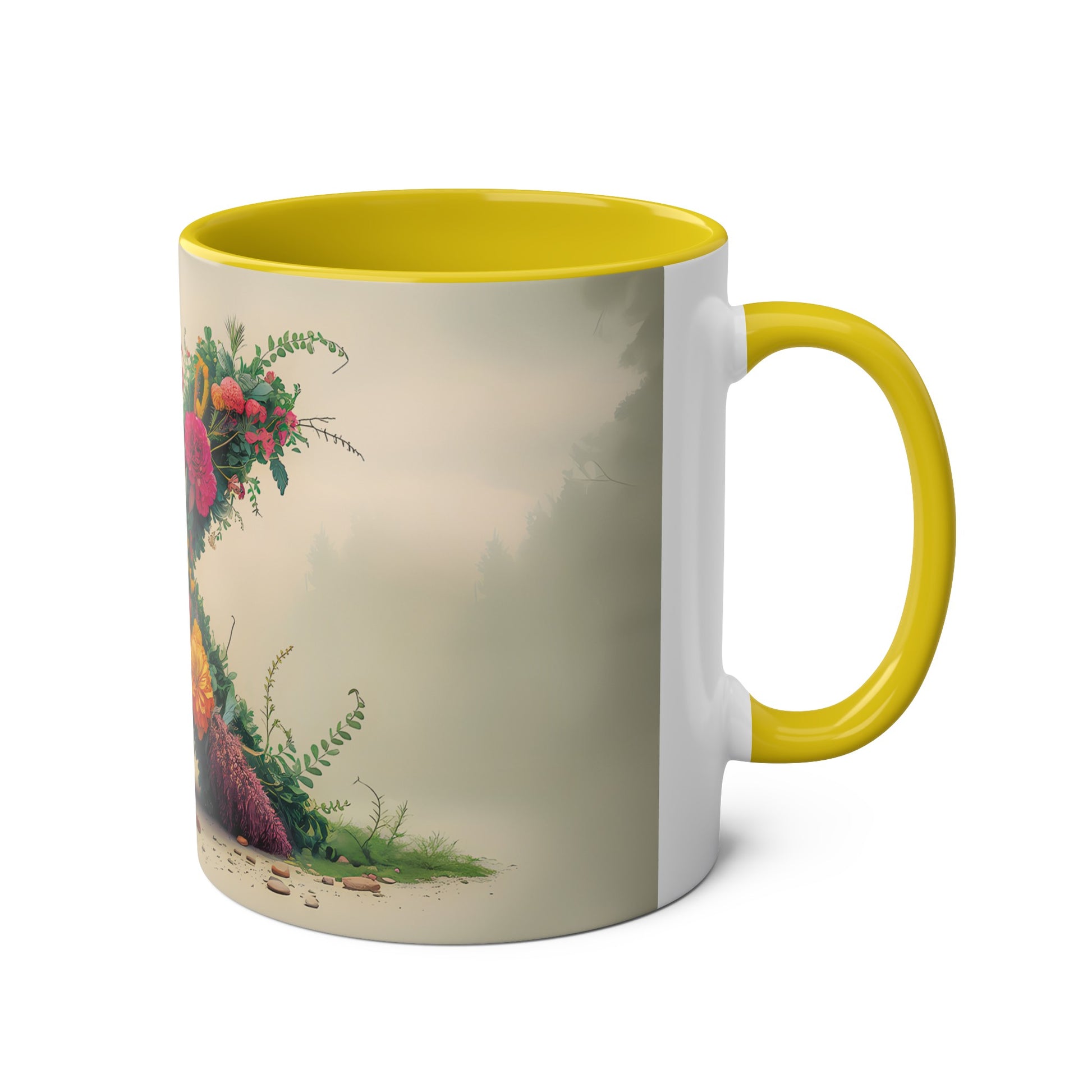 Floral Fantasy Two-Tone Ceramic Mug with Letter X Yellow-03