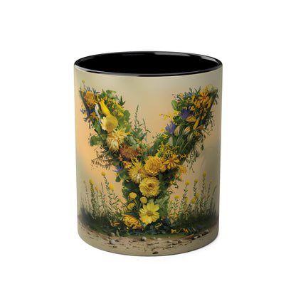 Floral Fantasy Two-Tone Ceramic Mug with Letter Y Black-01