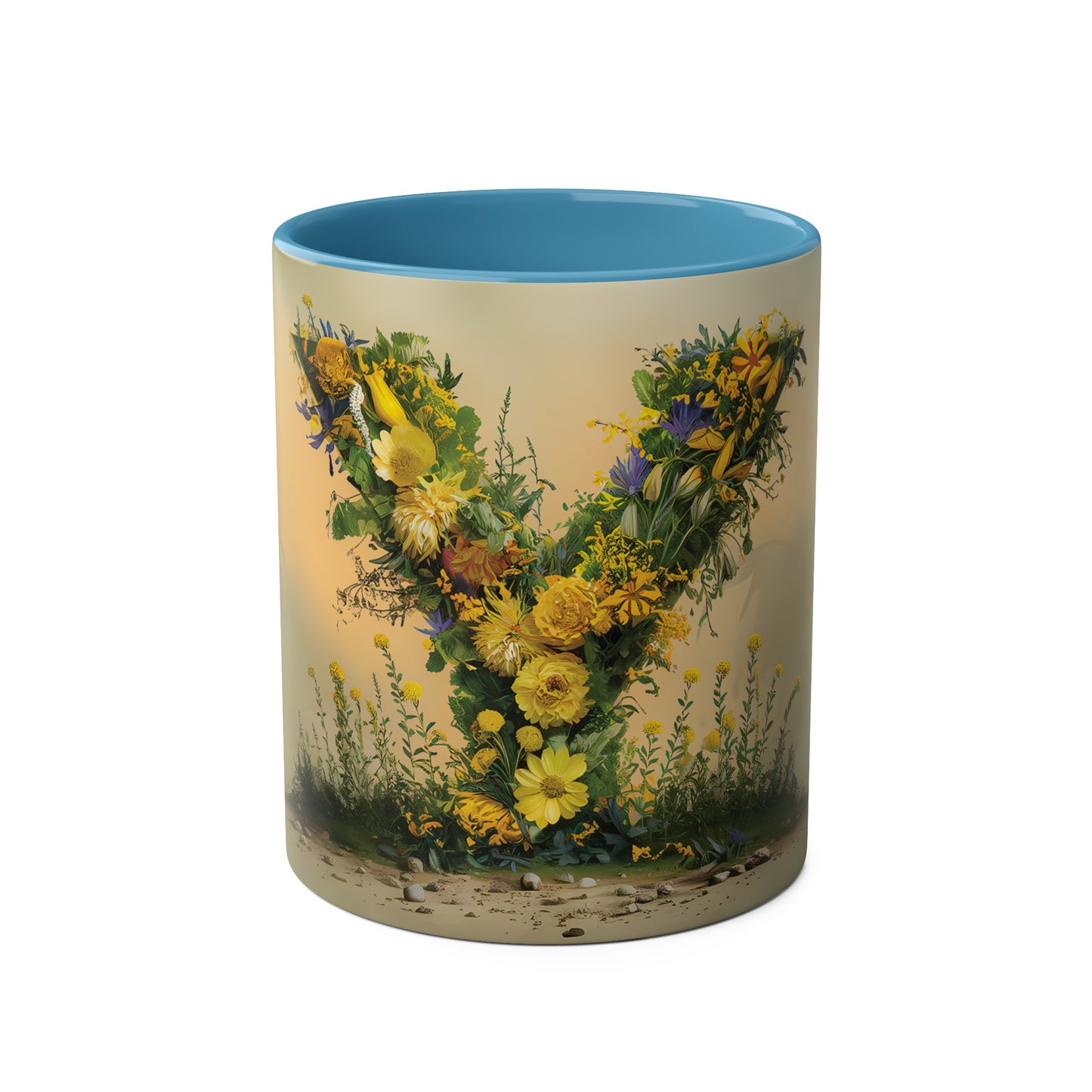 Floral Fantasy Two-Tone Ceramic Mug with Letter Y Blue-01