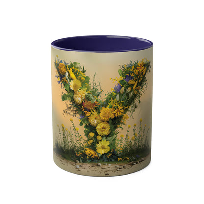 Floral Fantasy Two-Tone Ceramic Mug with Letter Y Dark Blue-01