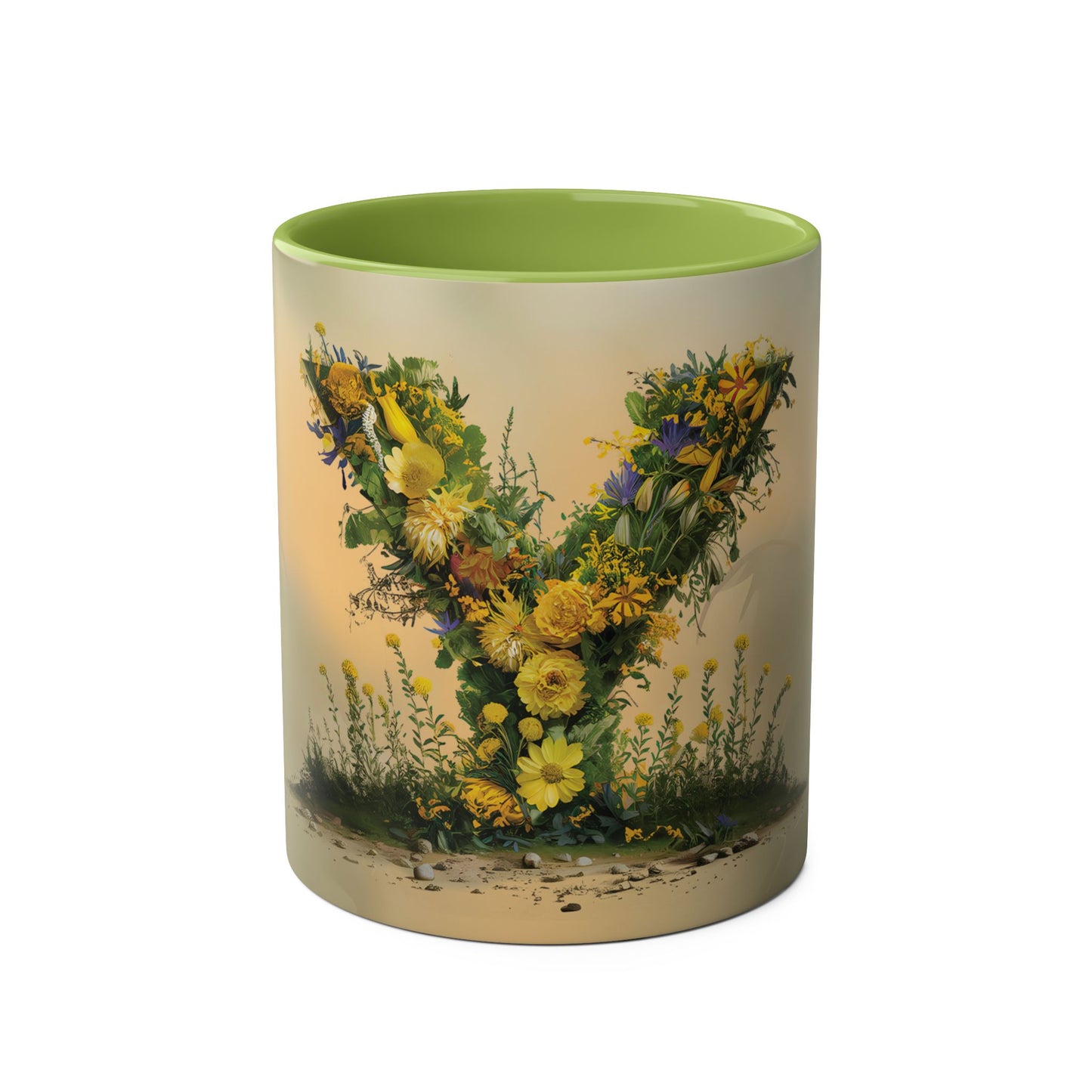 Floral Fantasy Two-Tone Ceramic Mug with Letter Y