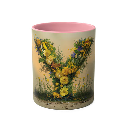 Floral Fantasy Two-Tone Ceramic Mug with Letter Y Pink-01