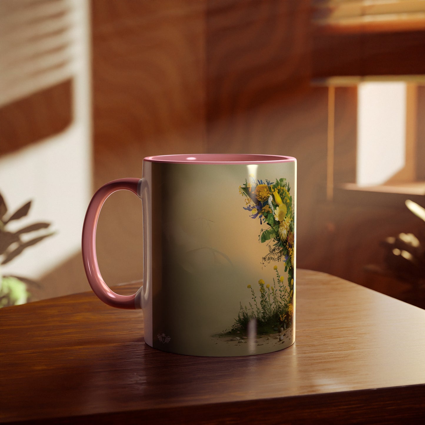 Floral Fantasy Two-Tone Ceramic Mug with Letter Y Pink-04