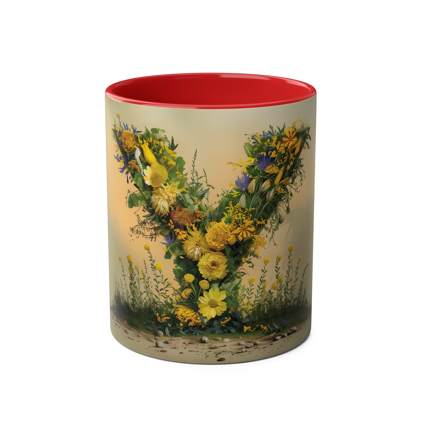 Floral Fantasy Two-Tone Ceramic Mug with Letter Y Red-01