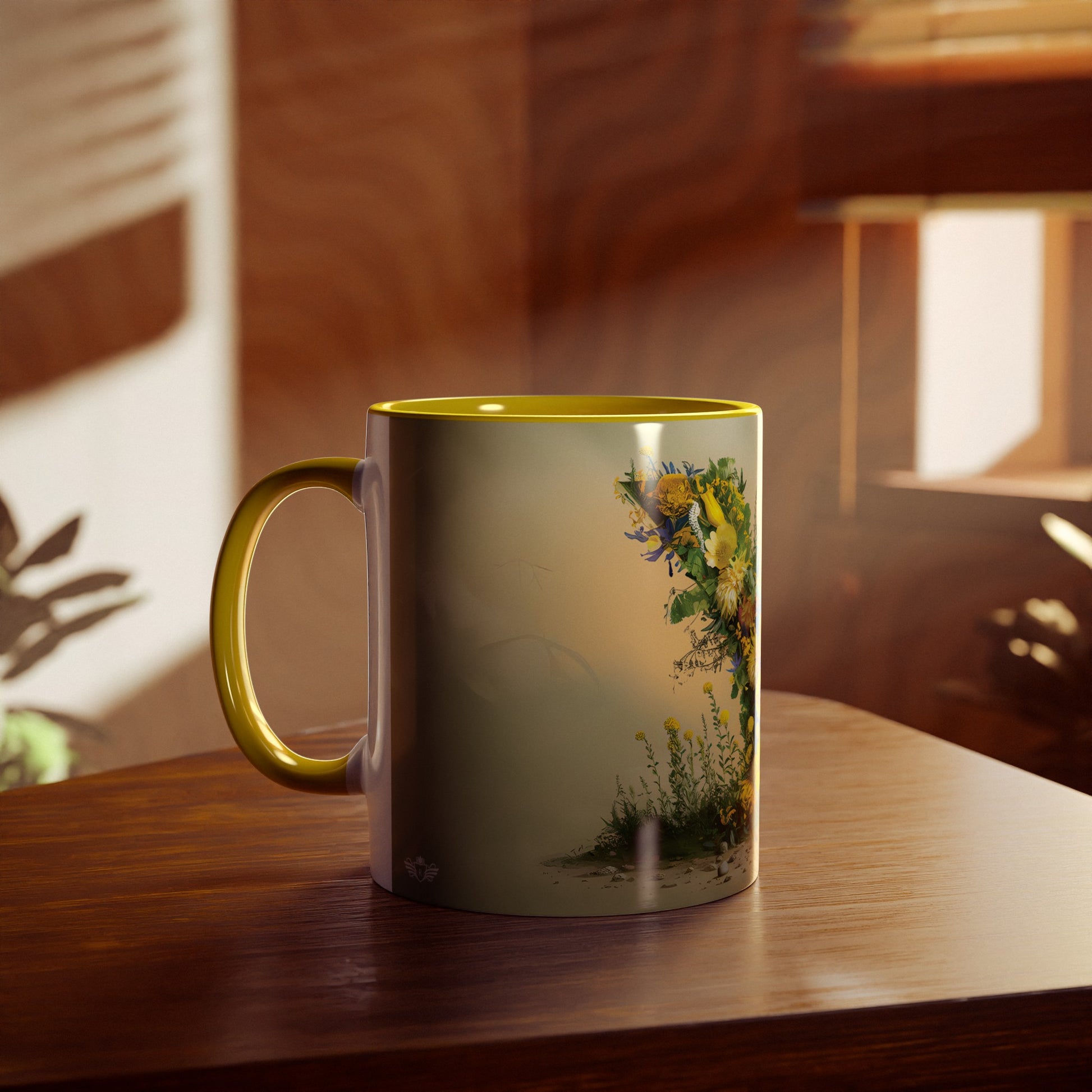 Floral Fantasy Two-Tone Ceramic Mug with Letter Y Yellow-04