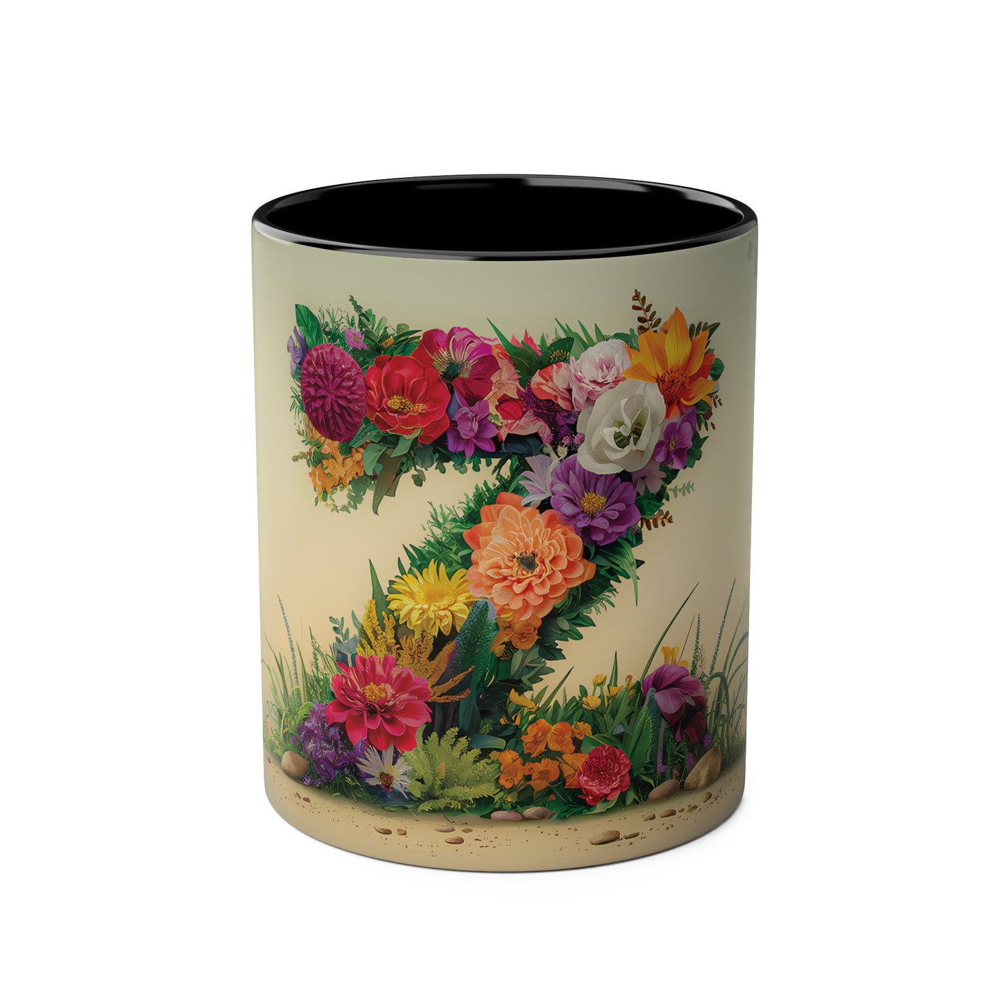 Floral Fantasy Two-Tone Ceramic Mug with Letter Z Black-01