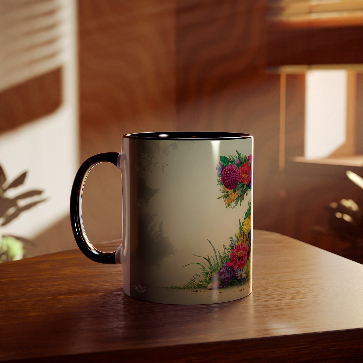 Floral Fantasy Two-Tone Ceramic Mug with Letter Z Black-04