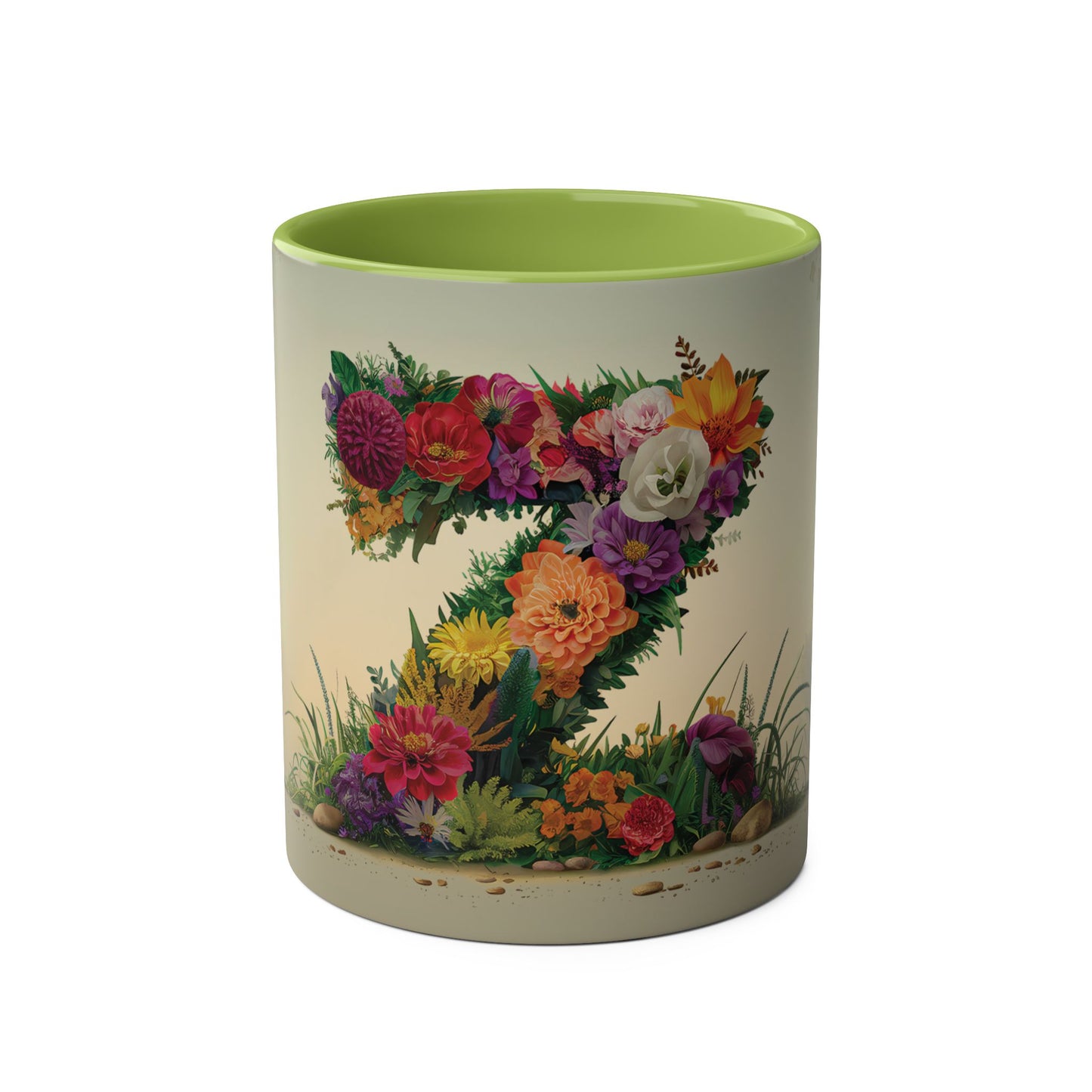 Floral Fantasy Two-Tone Ceramic Mug with Letter Z