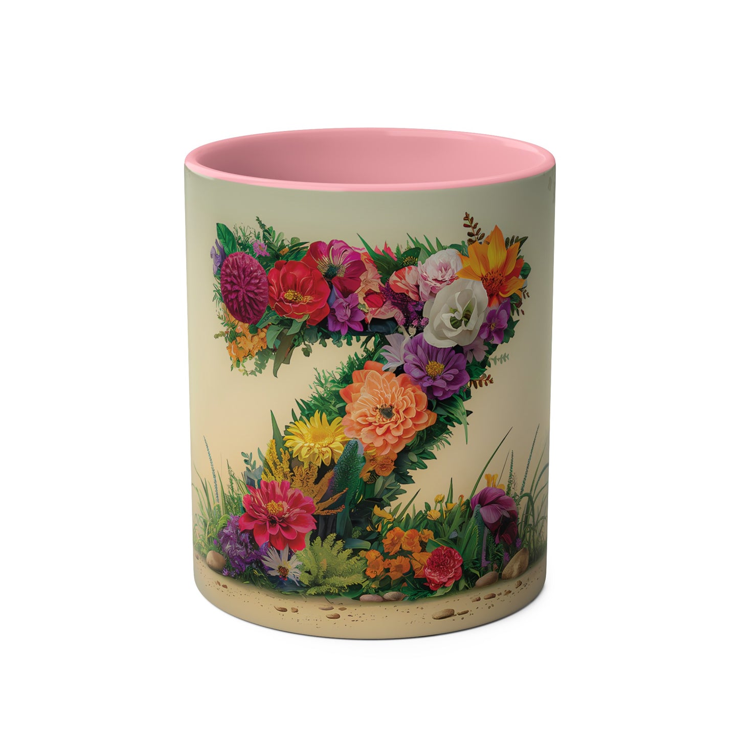 Floral Fantasy Two-Tone Ceramic Mug with Letter Z Pink-01