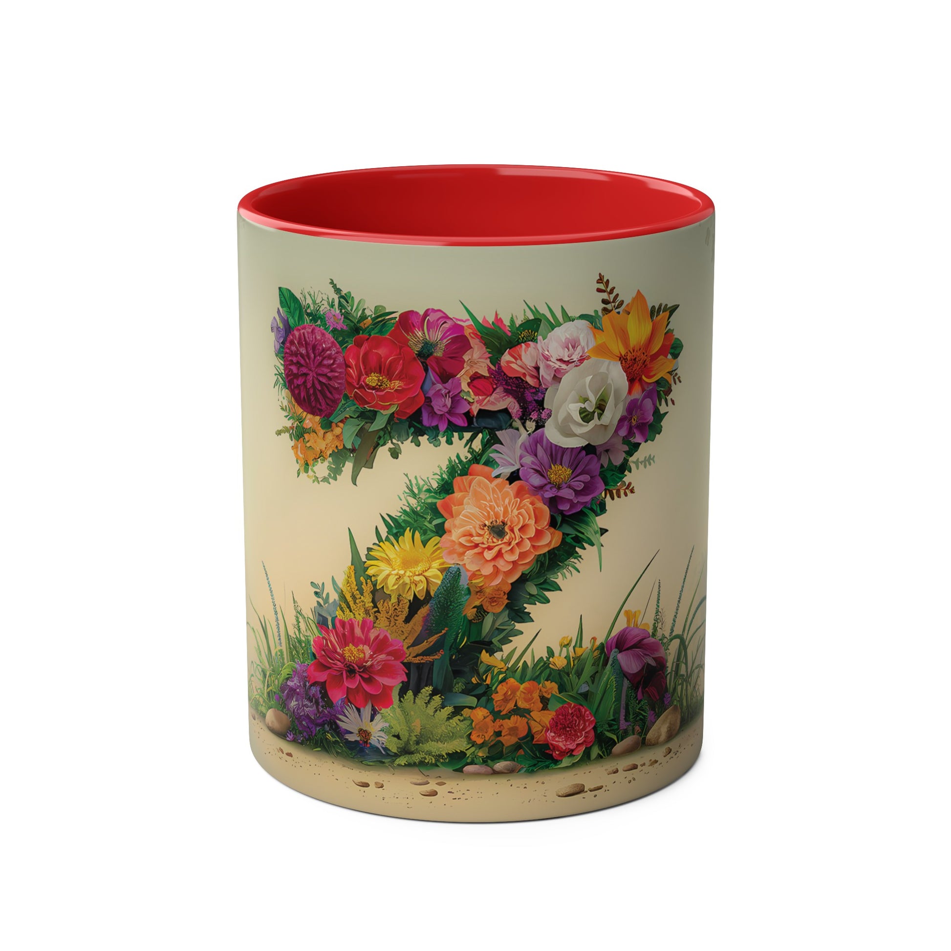 Floral Fantasy Two-Tone Ceramic Mug with Letter Z Red-01