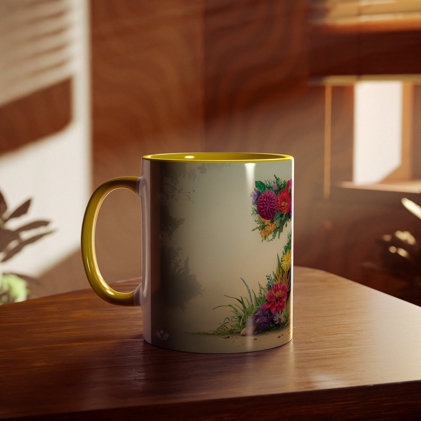 Floral Fantasy Two-Tone Ceramic Mug with Letter Z Yellow-04