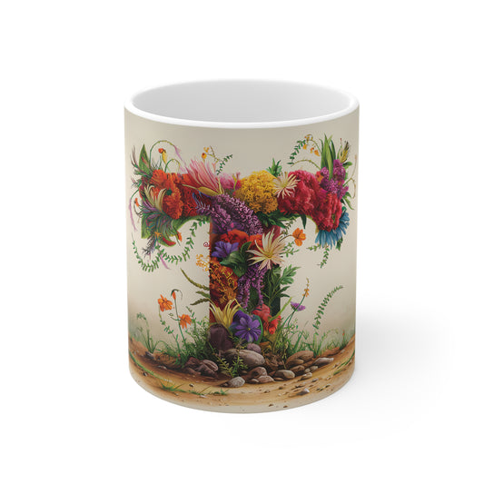 Flower Fantasy Ceramic Mug with Letter T - 01