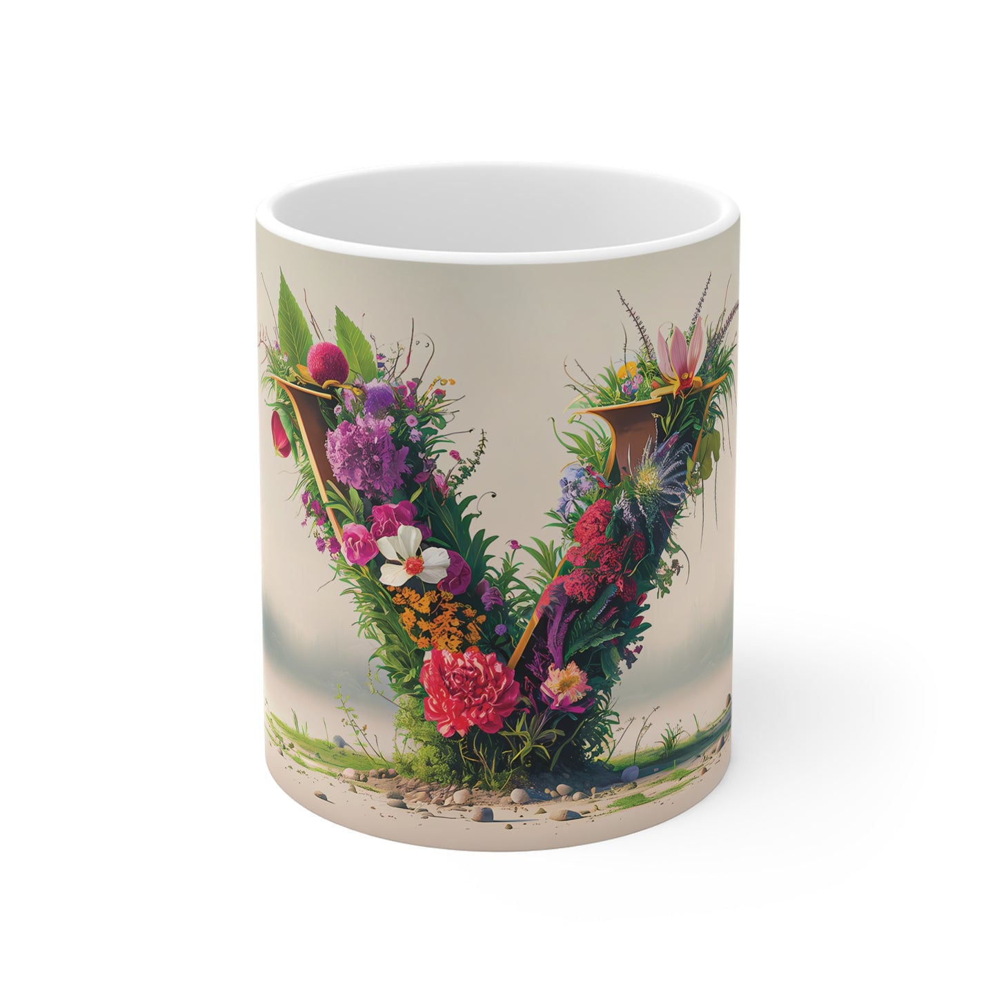 Flower Fantasy Ceramic Mug with Letter V - 01