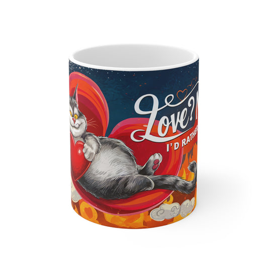 Funny Cat Coffee Mug: Celebrate Naps, Not Love! - 1