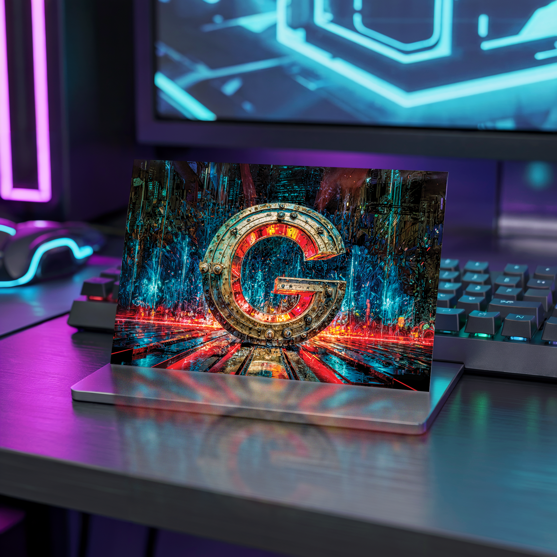 Postcard with cyberpunk design of a  letter 'G' on a colorful background, placed on a desk with neon lights.