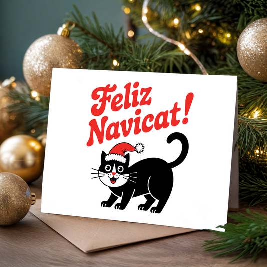 Christmas card with a black cat wearing a Santa hat and "Feliz Navicat!" text, surrounded by Christmas decorations.