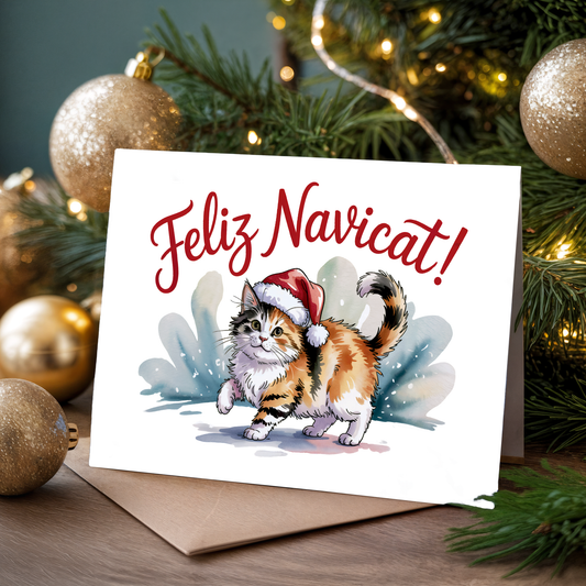 Christmas card with a cat wearing a Santa hat and "Feliz Navicat!" text, surrounded by Christmas decorations.