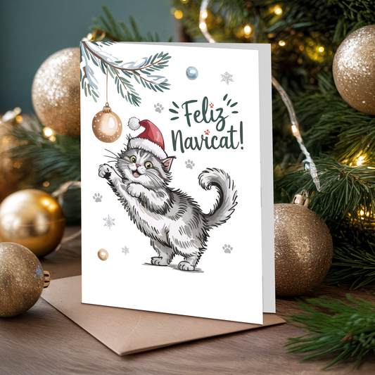 Christmas card with a cat illustration and "Feliz Navicat!" text, surrounded by festive decorations.