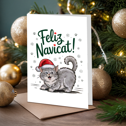 Christmas greeting card with a playful kitten and "Feliz Navicat" text
