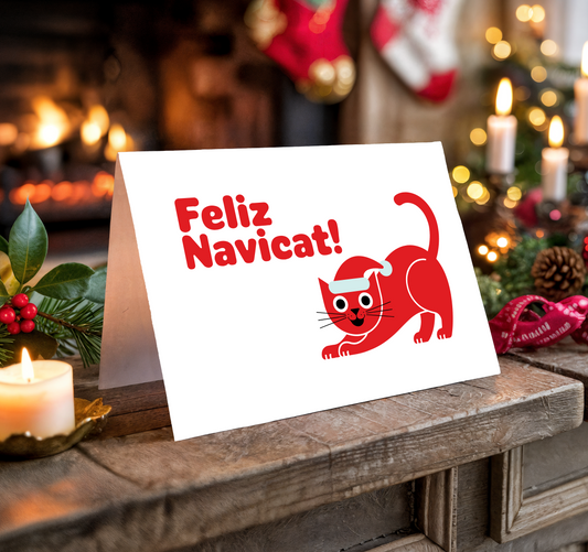 Christmas card with a red cat illustration and "Feliz Navicat!" text on a festive background.