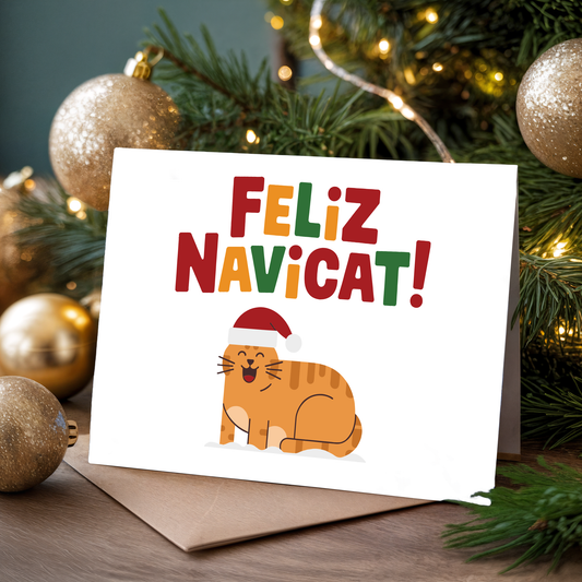Christmas greeting card with a playful kitten and "Feliz Navicat" text