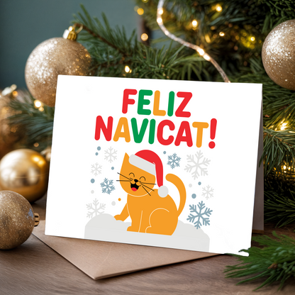 Christmas card with a cat wearing a Santa hat and "Feliz Navicat!' text, surrounded by Christmas decorations.