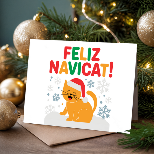 Christmas card with a cat wearing a Santa hat and "Feliz Navicat!' text, surrounded by Christmas decorations.