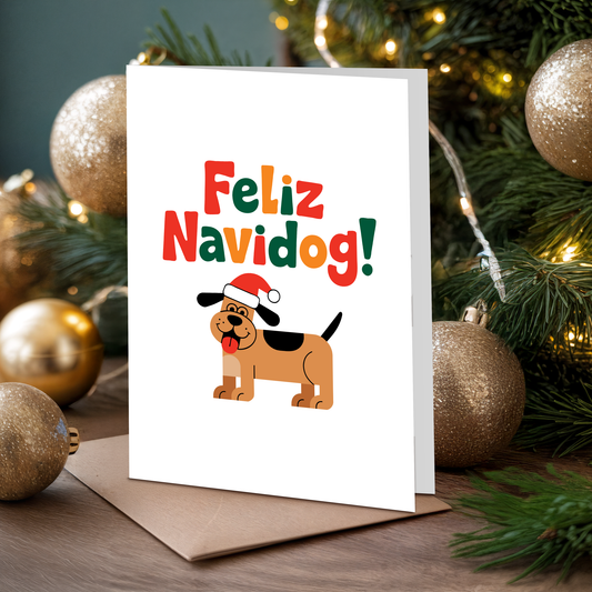 Christmas card with "Feliz Navidog!" text and a dog illustration, surrounded by festive decorations.