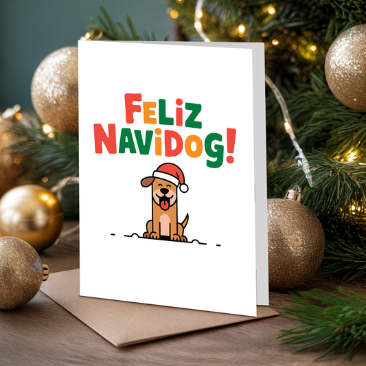 Christmas card with "Feliz Navidog!" text and a dog illustration, surrounded by festive decorations.