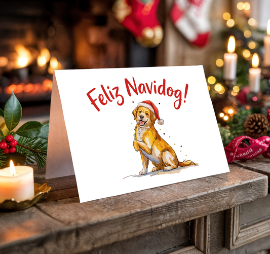 Christmas card with a dog wearing a Santa hat and "Feliz Navidog!" text, placed on a festive background with candles and a tree.