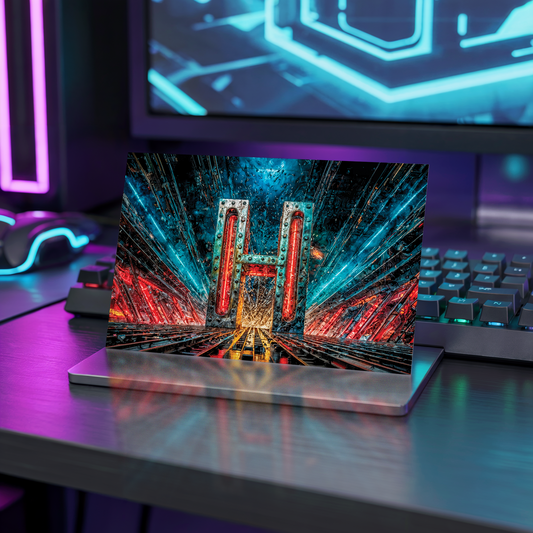 Postcard with cyberpunk design of letter H on a desk with neon lights