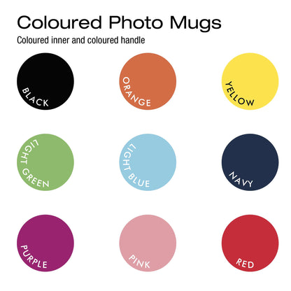 Color swatches for photo mugs with labels on a white background