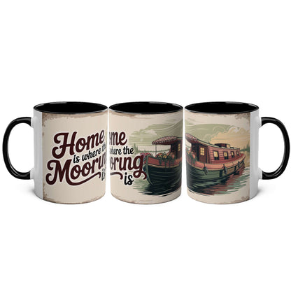 Three mugs with a boat design and "Home is where the mooring is" text on a white background