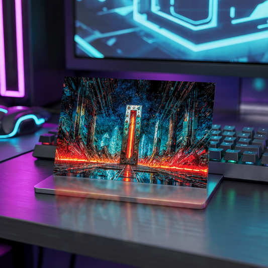 Cyberpunk style design postcard with letter I on a transparent stand with neon lights in the background