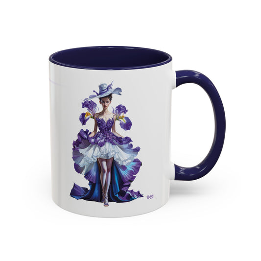 Mug with a design of a woman in a purple dress and hat on a white background