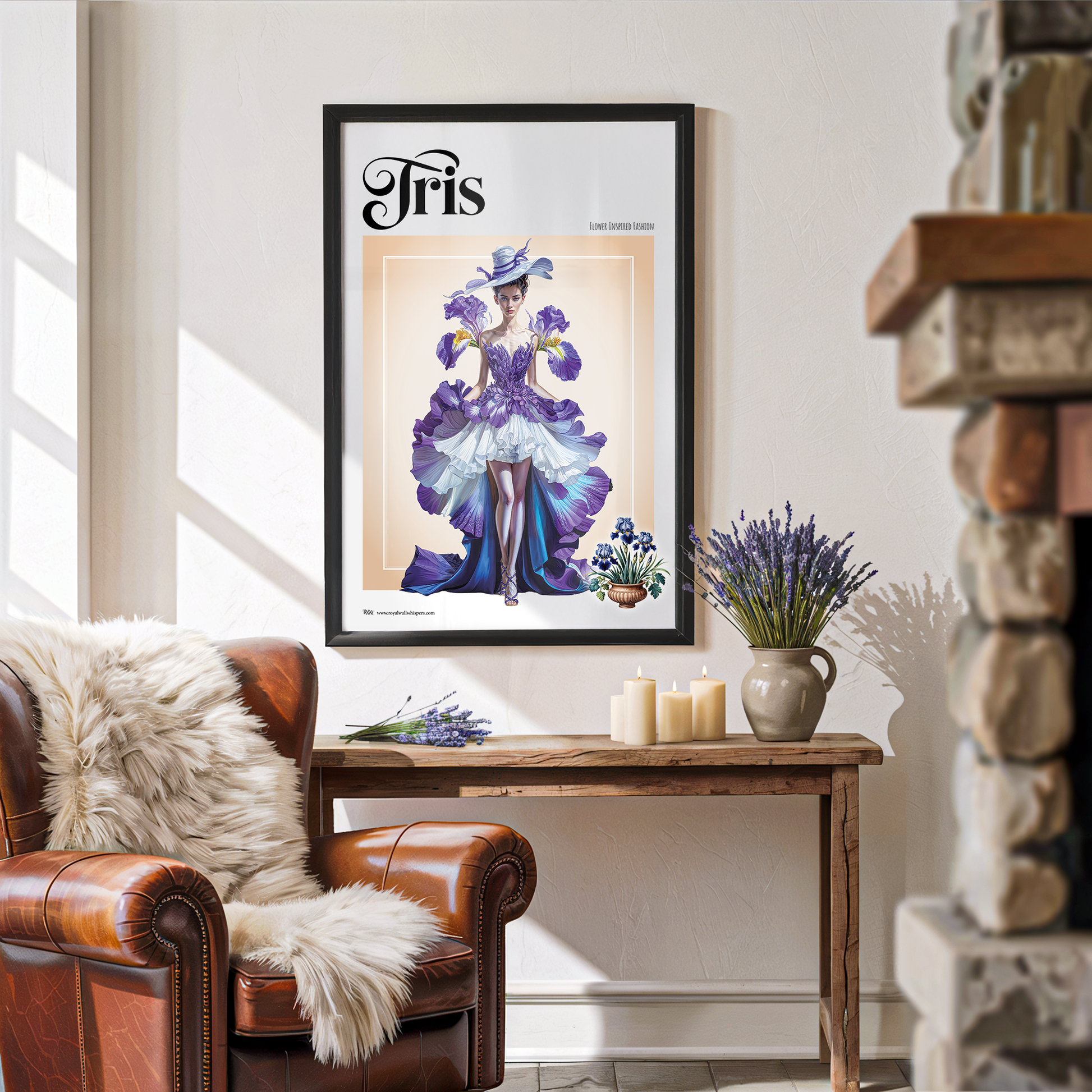 Framed artwork of a woman in a purple dress with flowers on a wall above a wooden table with candles and a vase.