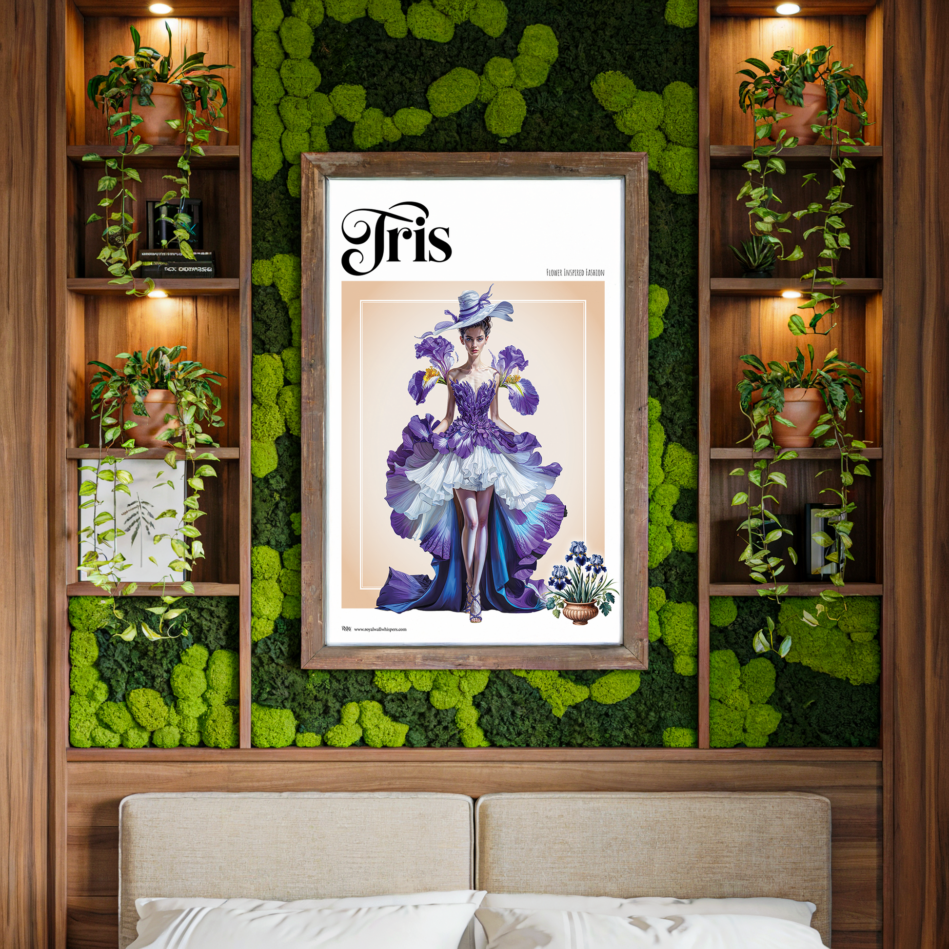 Framed art poster on a wall with greenery and wooden shelves.