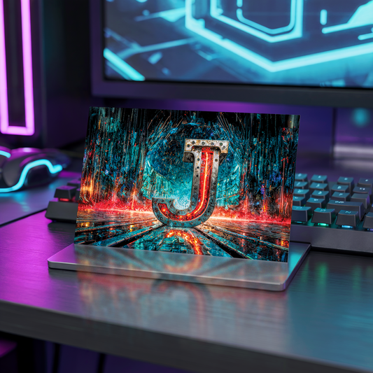 Postcard with cyberpunk design and  'J' on a reflective surface with neon lights in the background