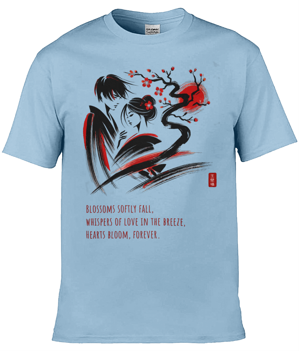 Japanese Love T-shirt: Love Beneath the Cherry Tree - Light Blue