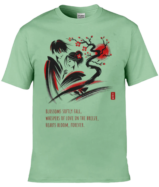 Japanese Love T-shirt: Love Beneath the Cherry Tree - Mint Green