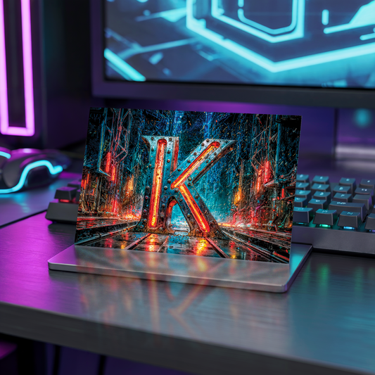 Postcard with cyberpunk design and letter K on a table with neon lights