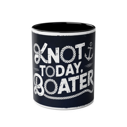 Mug with "Knot Today, Boater" text and anchor design on a white background