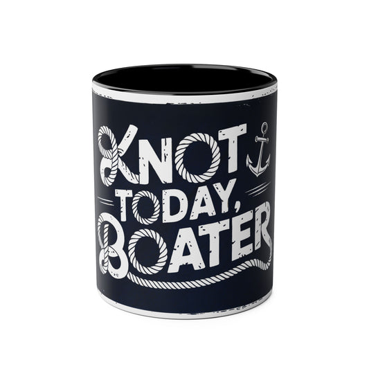 Mug with "Knot Today, Boater" text and anchor design on a white background