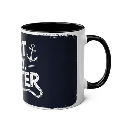 Navy blue mug with white anchor design and text on a white background