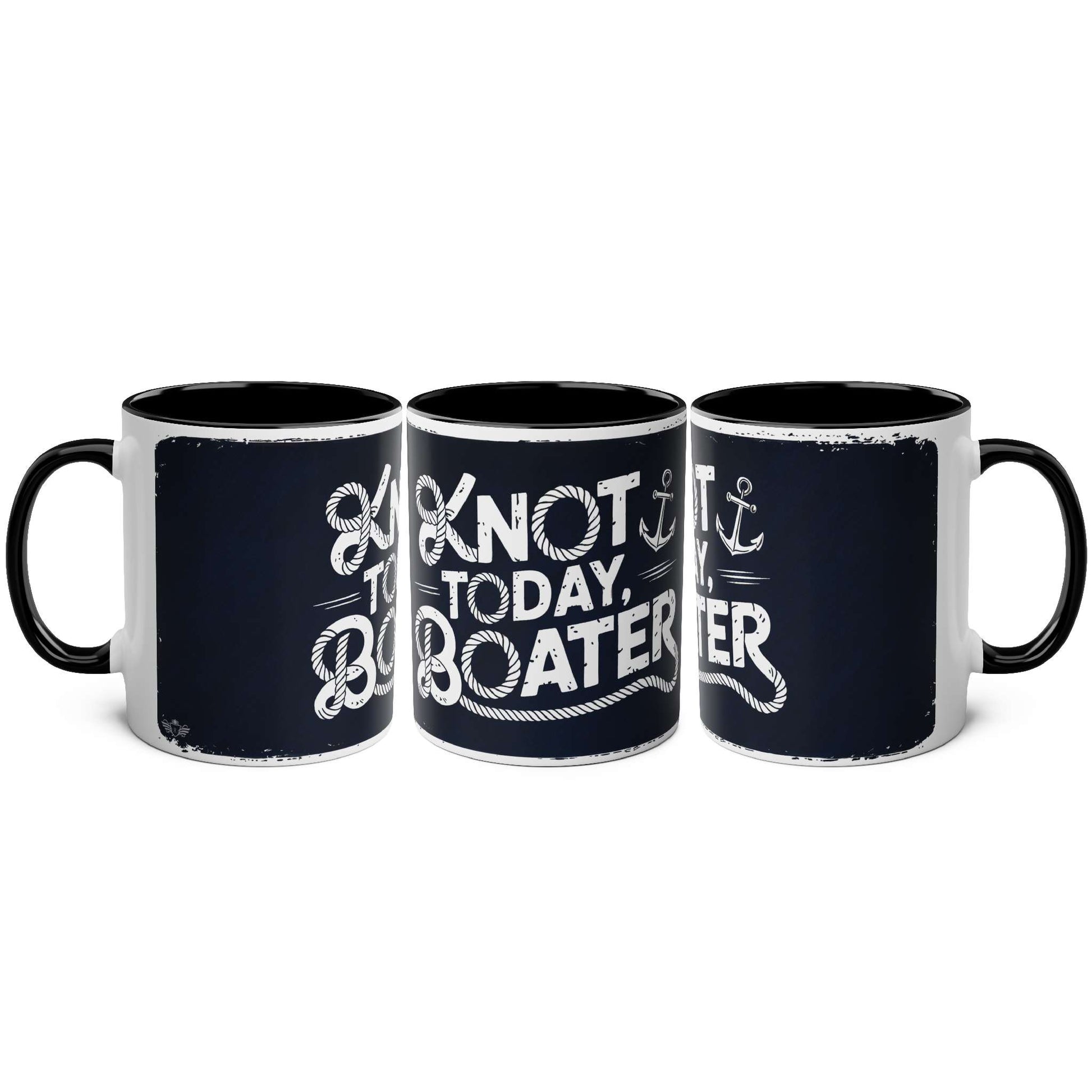 Three black mugs with white text and designs on a white background