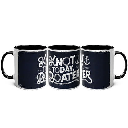 Three black mugs with white text and designs on a white background