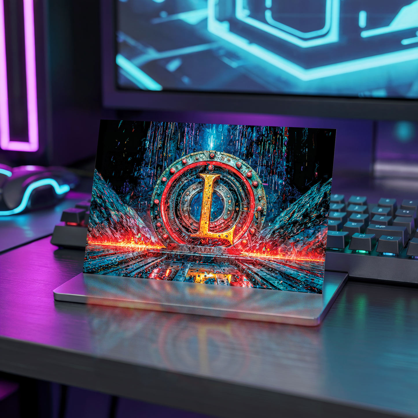 Postcard with cyberpunk design and letter L on a desk with neon lights