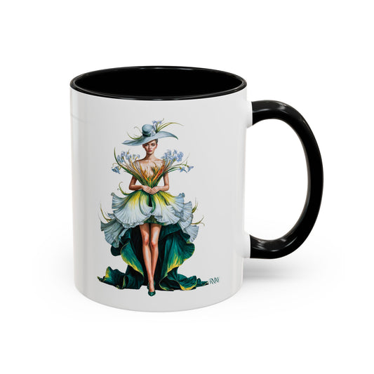 Mug with a colorful illustration of a woman in a dress and hat on a white background